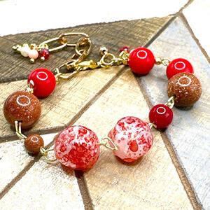 Coral and sunstone maxi beads gold chunky adjustable bracelet